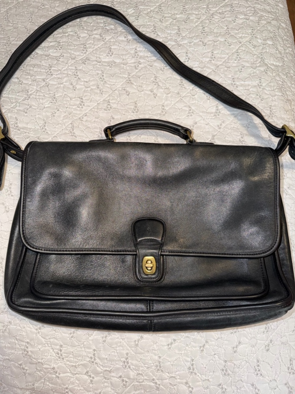 Vintage Coach Black Leather Briefcase with Gold-Tone Hardware